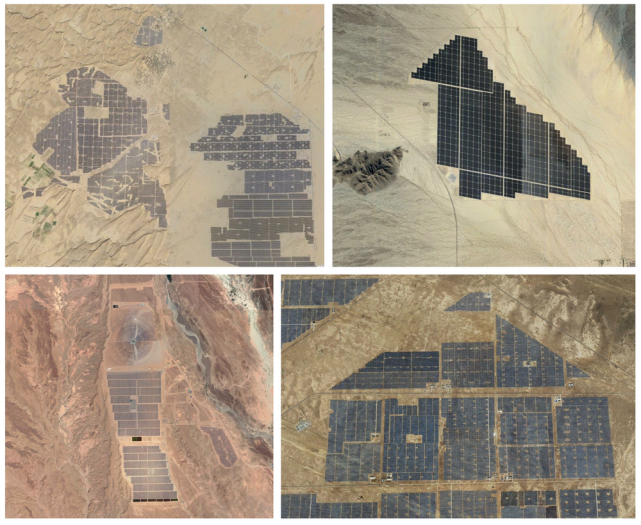Im Uhrzeigersinn von links oben: Bhadla-Solarpark, Indien; Desert Sublight-Solarfarmen, USA; Hainanzhou-Solarpark, China und Ouarzazate-Solarpark, Marokko (Bild: Google Earth/Screenshot:Autoren)